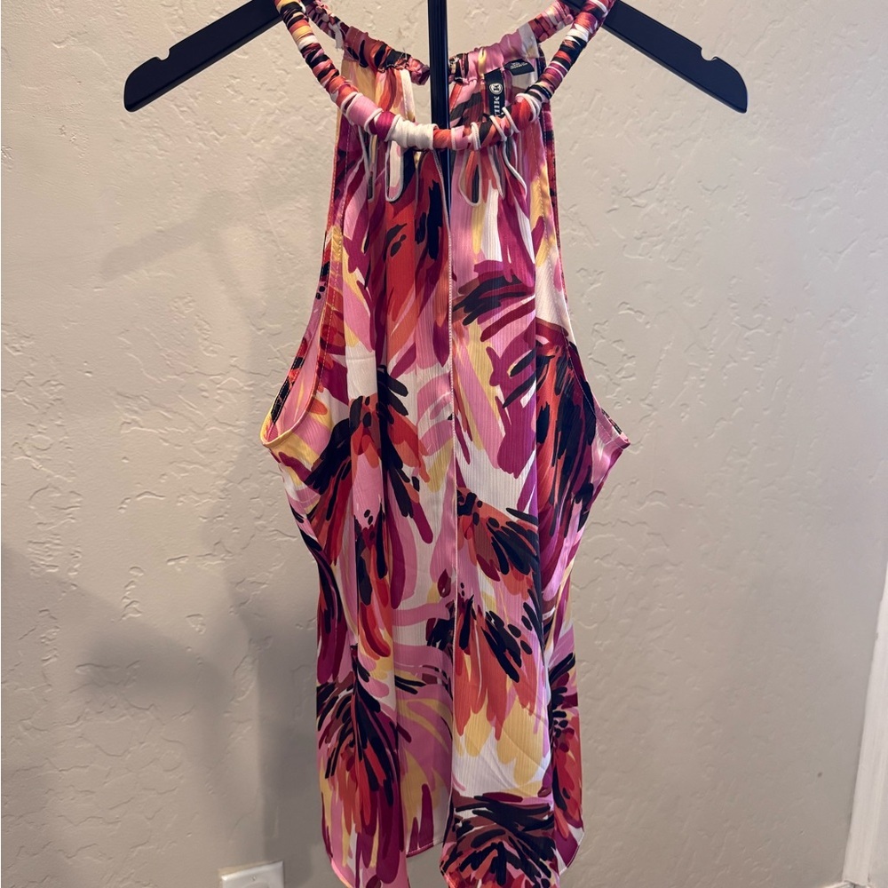 Milano Vibrant Tropical Hibiscus Floral Abstract Print Halter Neck Top